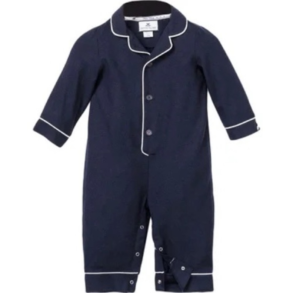 Petite Plume baby pajamas romper navy white piping